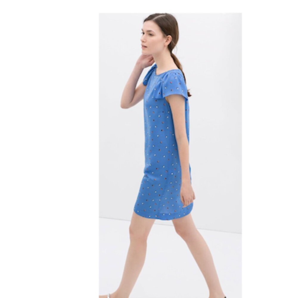 235 Zara Basic Blue Ruffle Sleeve Dress - Circle Geometric Print - Size XS